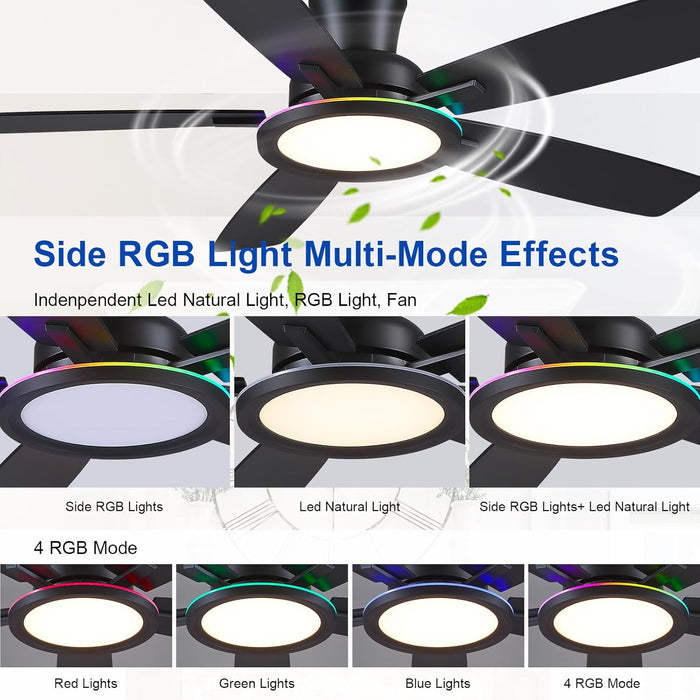 Flush Mount Ceiling Fan with RGB Light - 52In Black Ceiling Fan Light with Reversible Mute Motor, LED 3CCT Dimmable, Low Profile Modern Ceiling Fans for Indoor, Party, Covered Outdoor