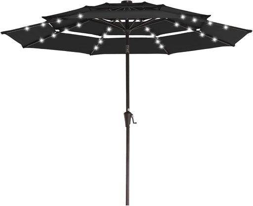 9 Ft 3-Tier Outdoor LED Lighted Patio Umbrella W/Crank, Black