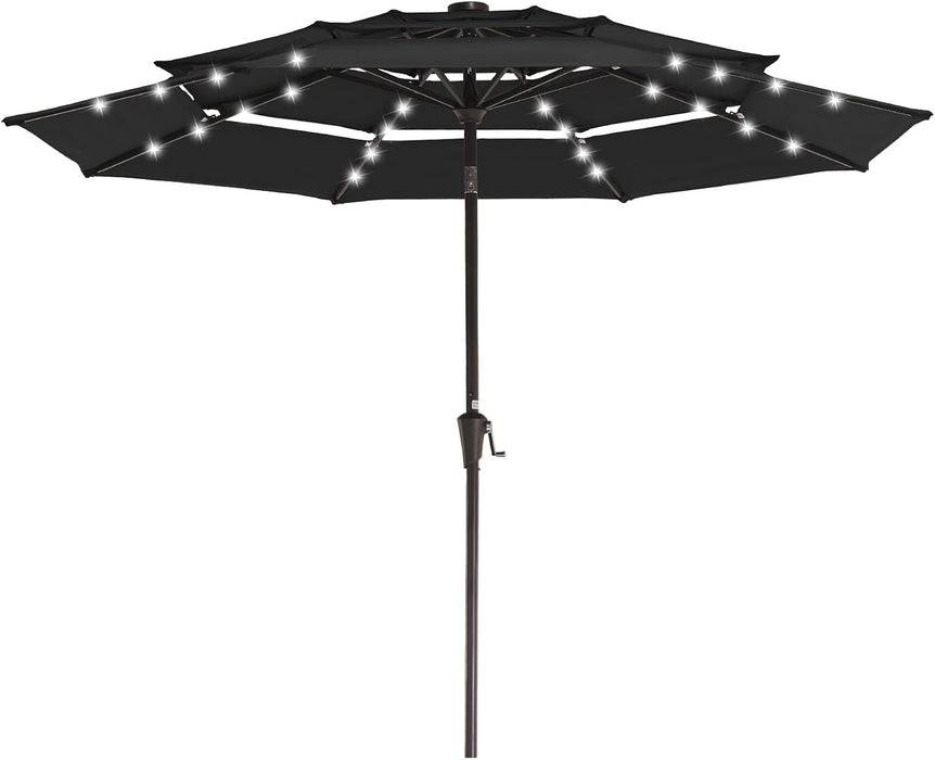 9 Ft 3-Tier Outdoor LED Lighted Patio Umbrella W/Crank, Black