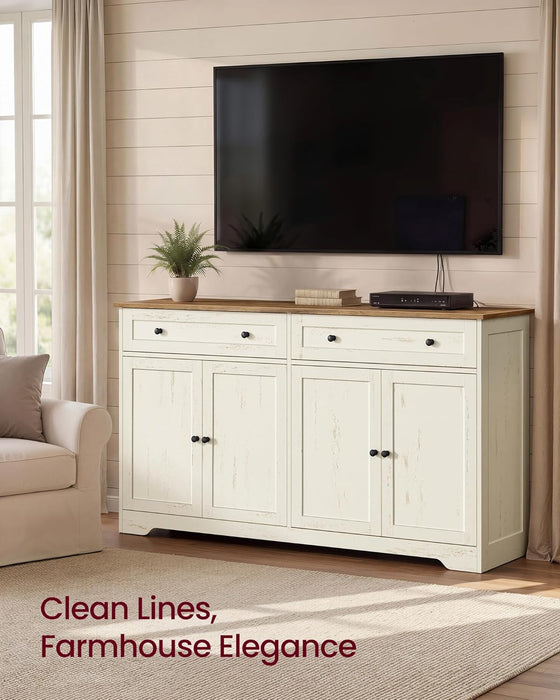 Siren Collection - Buffet Cabinet, Farmhouse Coffee Bar Cabinet with 2 Drawers, Adjustable Shelves, 4 Doors, Sideboard, 15.8 X 55.1 X 31.5 Inches, Rustic White and Honey Brown ULSC541WJ01S