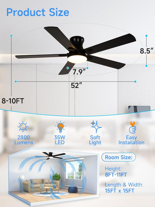 52 Inch Black Ceiling Fans with Lights, RGB Ceiling Fan with Remote and App,Flush Mount Low Profile, Dimmable 35W LED, Reversible, Smart Ceiling Fan for Bedroom Nursery Living Room Apartment