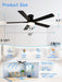 52 Inch Black Ceiling Fans with Lights, RGB Ceiling Fan with Remote and App,Flush Mount Low Profile, Dimmable 35W LED, Reversible, Smart Ceiling Fan for Bedroom Nursery Living Room Apartment