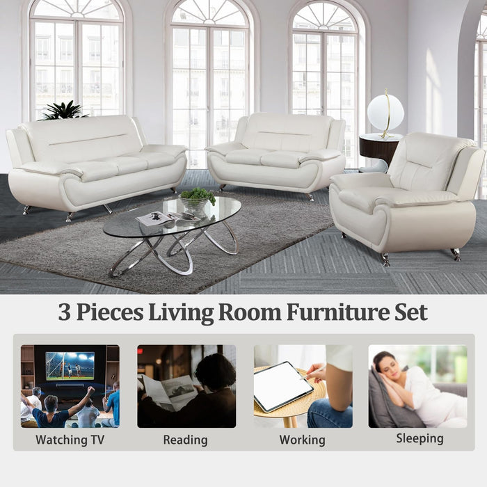Living Room Furniture Set, Faux Leather Sofa Couch Set, 3 Pieces Modern Sofa Set for Living Room/Apartment/Office (White)