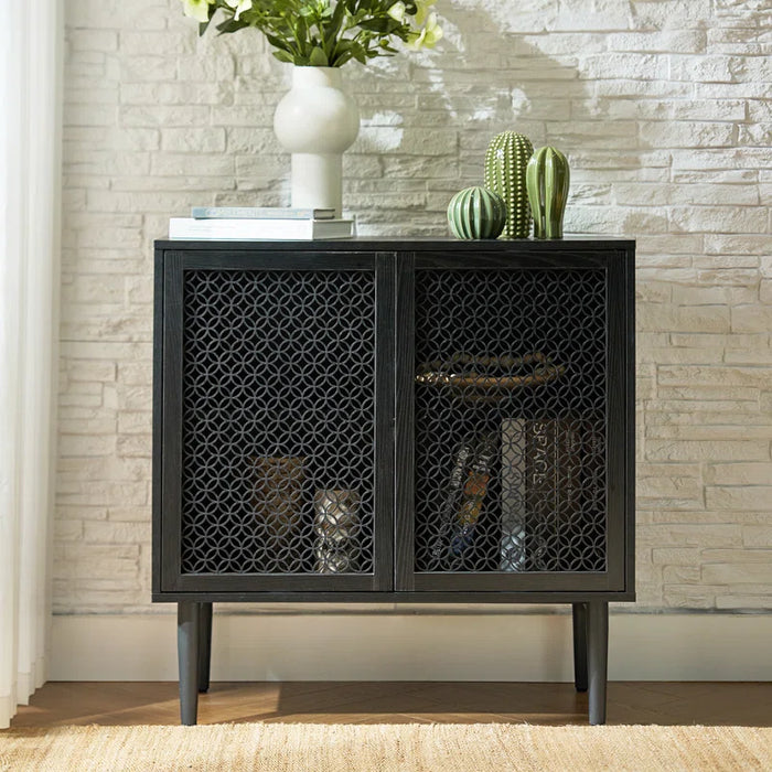 Fabion 32"Tall Built-In LED Lights Wood-Carved 2-Door Accent Cabinet Set of 2