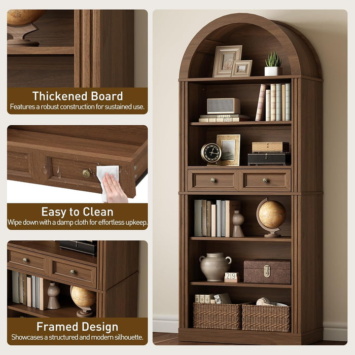 Arched Bookshelf, 73" Tall Arch Bookcase with Drawers, 6-Tier Farmhouse Book Shelf, Wooden Bookshelf with Open Display Shelves for Living Room, Office, Adjustable Shelf, Walnut