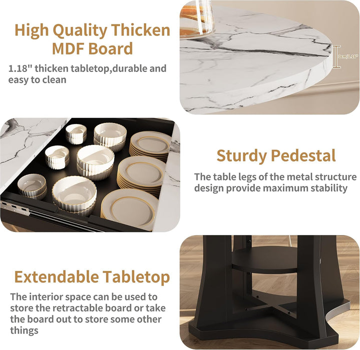 Extendable Dining Table Marble for 4–6 (White Marble) | White Faux Marble Dining Table, Modern Marble Kitchen Table, round Dining Table for Kitchen, Living Room, Dining Room ﻿
