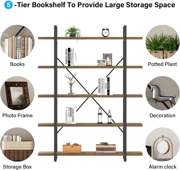 Industrial Reinforced Five Tier Bookshelf Rustic Oak