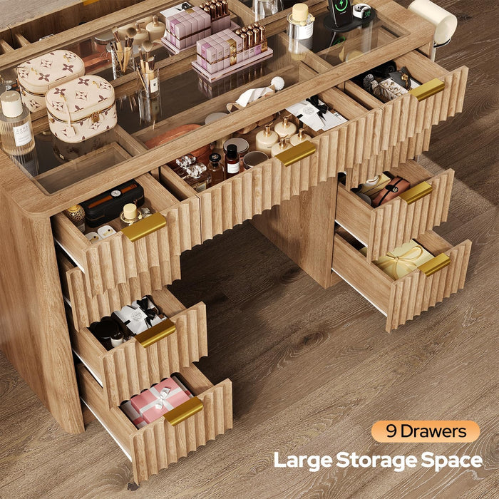 47" Fluted Vanity Desk with 42" Mirror & LED Lights, Large 9 Drawers Makeup Vanity Table with Tempered Glass Top & Charging Station, Waterfall Edge Design for Women&Girls, Bedroom or Dorm, Natural Oak