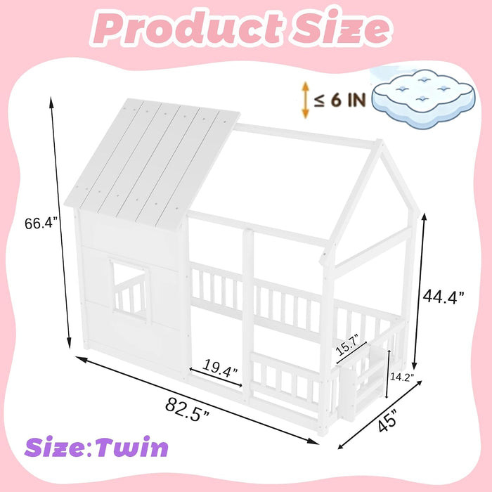 White Twin House Bed With LEDBookshelfIllumination