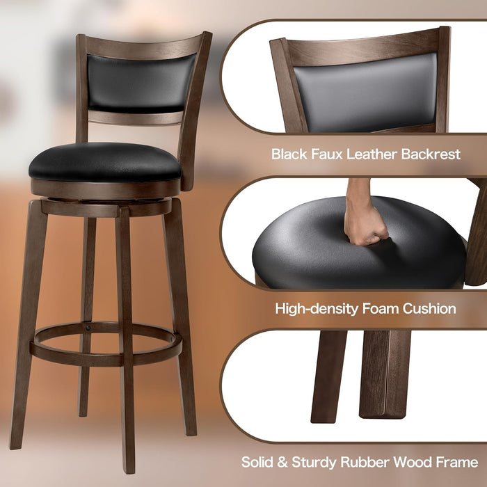 32" Tall Bar Height Stools Set of 4 - High Back Swivel Barstools with Black Faux Leather Upholstered Seat & Solid Wood Footrest, Counter Bar Stool for Kitchen Island & Pub