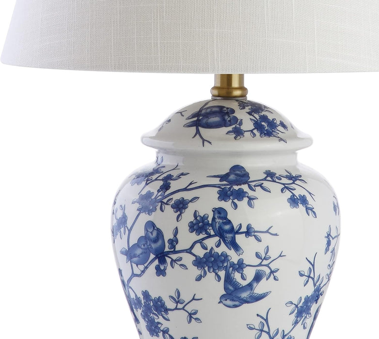 22" Blue/White Ceramic Table Lamp, French Country Chinoiserie Ginger Jar LED Bedside Lamp for Living Room Bedroom, White Linen Shade, JYL3005A
