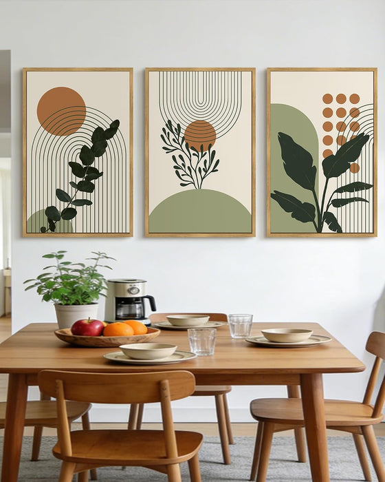 Boho Plant Wall Art Green Botanical Bohemain Framed Wall Printing 24X36In Abstract Canvas Prints with Leaf & Sun Lines Bedroom Living Room Decor - Natural Framed