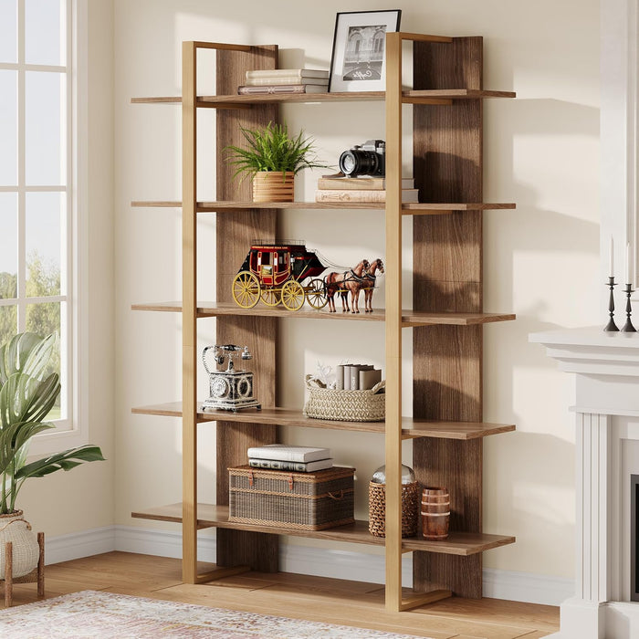 Five Tiered Bookshelf Metal Frame Beige Oakwoodfinish