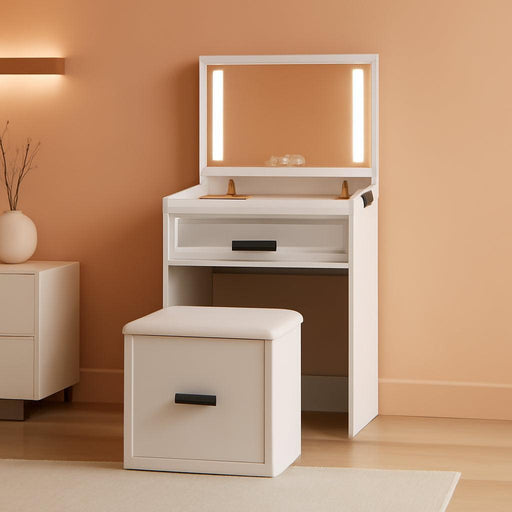 3 in 1 Vanity Desk with Flip Top Mirror and Led Lights, Compact Makeup Vanity with Charging Station, Vanity Table Set with Storage Drawers and Cushioned Stool for Bedroom, White