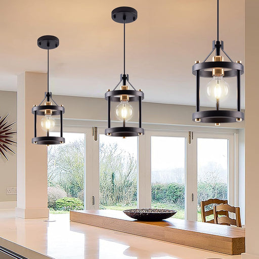 Chandelier Set of 3 Vintage Pendant Light Fixture, Black Farmhouse Wooden Metal Chandeliers, Open Frame Hanging Lighting for Diningroom,Bar,Entrance Hall,Kitchen Island Living Room
