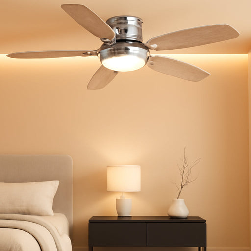 50 Inch Low Profile Ceiling Fans with Lights and Remote, Modern Brushed Nickel Flush Mount Ceiling Fan, 3CCT, Dimmable, Quiet DC Reversible Motor, for Bedroom Living Room Indoor/Outdoor Use
