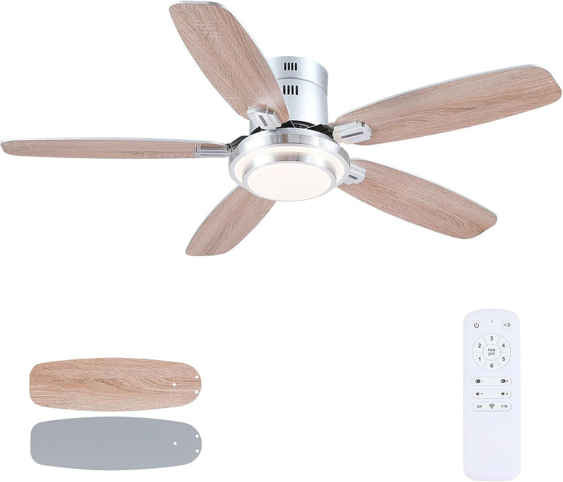 50 Inch Low Profile Ceiling Fans with Lights and Remote, Modern Brushed Nickel Flush Mount Ceiling Fan, 3CCT, Dimmable, Quiet DC Reversible Motor, for Bedroom Living Room Indoor/Outdoor Use