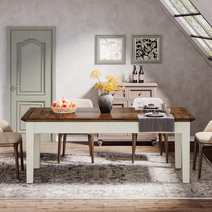 Dining Table for 4-6 People, 63-Inch Rectangular Kitchen Table with Solid Wood Legs, Farmhouse Dinner Table for Dining Room, Kitchen, Rustic Brown & Cream White