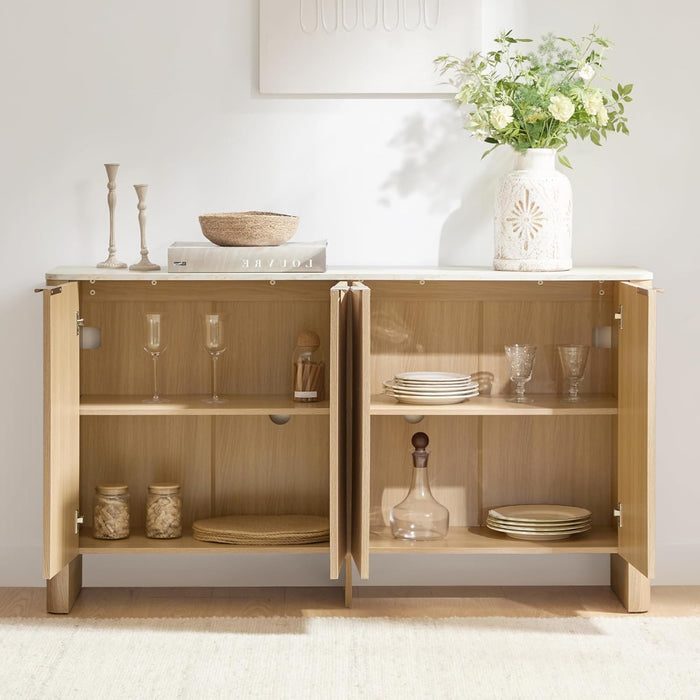 61" Sideboard Buffet Cabinet with Storage, Living Room Accent Cabinet with Doors and Adjustable Shelves, for Bar, Kitchen, Oak - Faux Marble