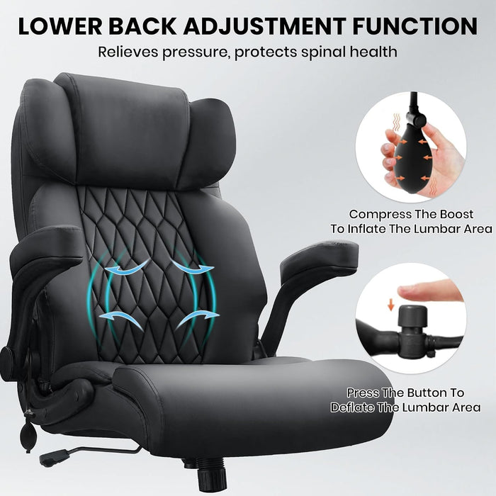 500Lbs Big and Tall Office Chair Adjustable Lumbar Support for Back Pain, Extra Wide Seat Executive Office Chair Thick Armrest Pad, Heavy Duty Base&Upgraded Wheels, Ergonomic Desk Chair