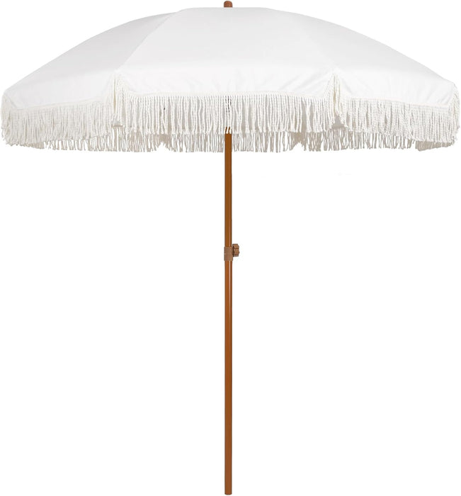 7Ft Patio Umbrella with Fringe Outdoor Tassel Umbrella UPF50+ Premium Steel Pole and Ribs Push Button Tilt, White Cream