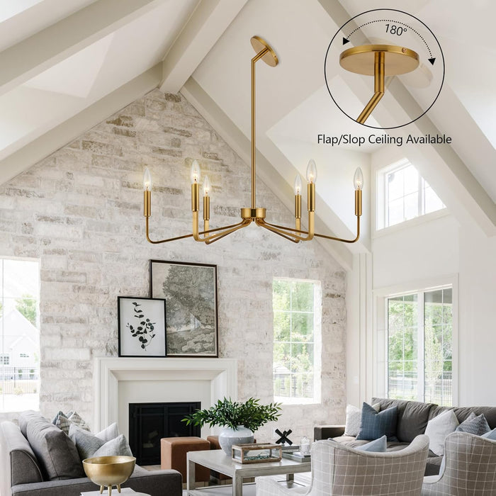 Gold Farmhouse Chandeliers for Dining Room, 6-Light Modern Chandelier Light Fixture, Brushed Brass Industrial Candle Lighting Hanging Ceiling for Living Room Bar Kitchen Island Lights