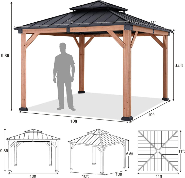 Wood Gazebo 11X11 - Outdoor Patio Wooden Gazebo with Hardtop Metal Double Roof for Garden, Backyard and Deck (Double Roof)