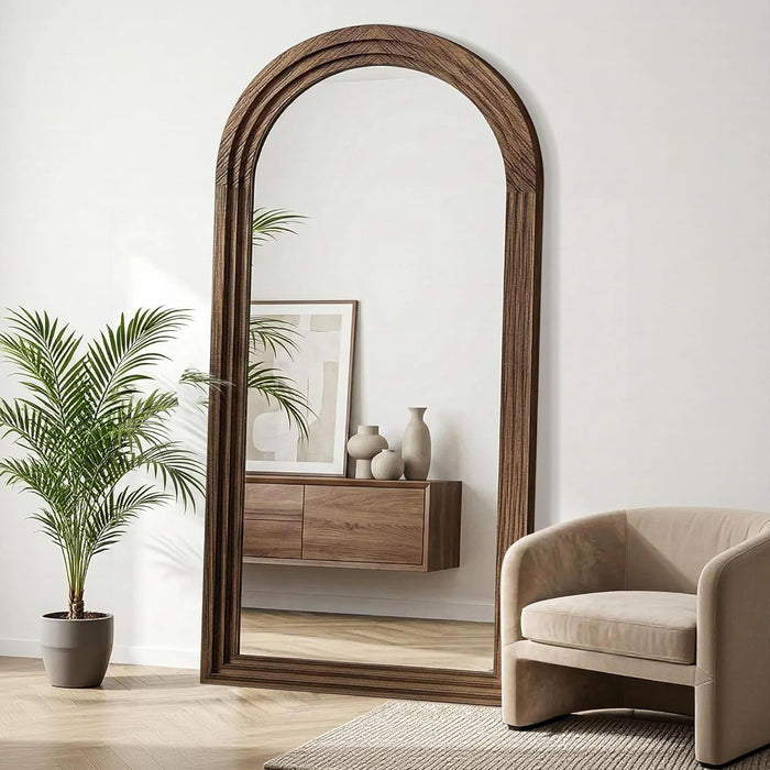 Arched Full Length Mirror with Stand, 75X35 Brown Wood Floor Mirror