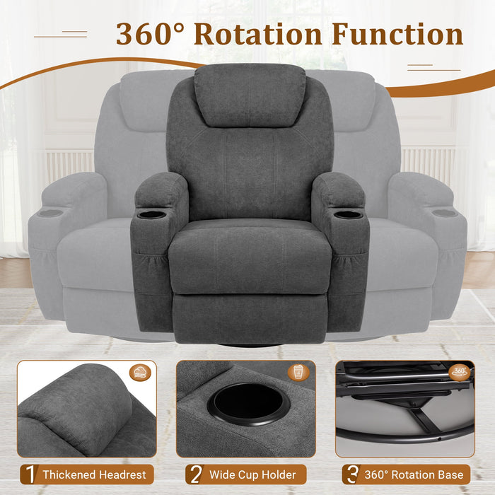 Recliner,Modern Fabric Rocking Chair with Massage,360 Degree Swivel Single Sofa Seat with Drink Holder