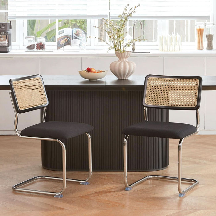 Black Chrome Rattan Dining Chairs Set of 4,Wooden Mid-Century Modern Kitchen Chairs, Mesh Back Cane Dining Room Chair, Cesca Design Chairs with Metal Chrome Legs