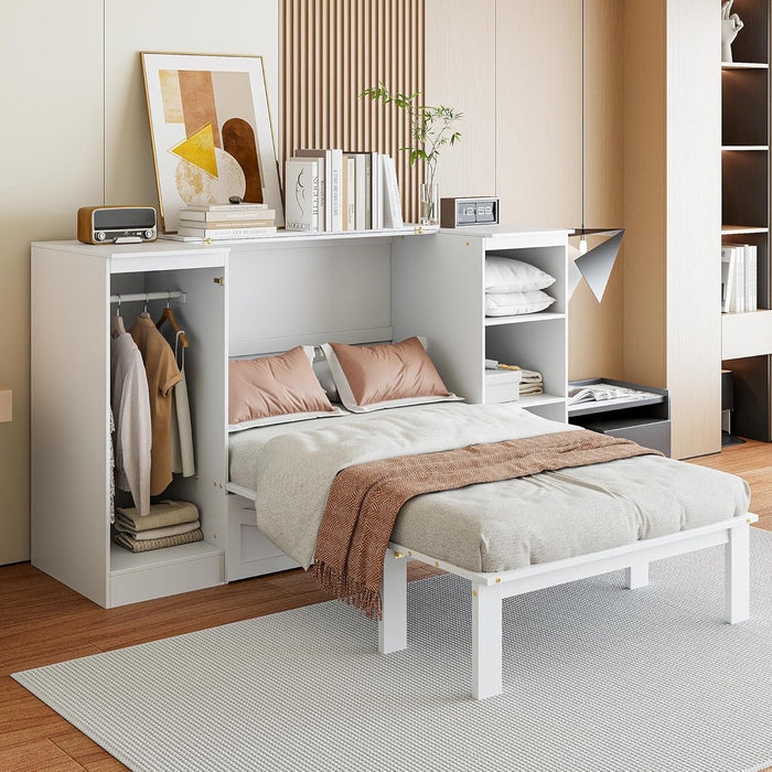 Twin Size Murphy Bed with Bedside Shelves and Wardrobe, White Wooden Bed Frame with Large Drawer