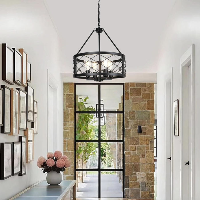Vintage Chandelier for Entryway, 4 Lights Farmhouse Dining Room Light Fixture, Modern Rustic Black Chandeliers, Industrial Metal Drum Light Fixtures for Kitchen Island Foyer Living Room