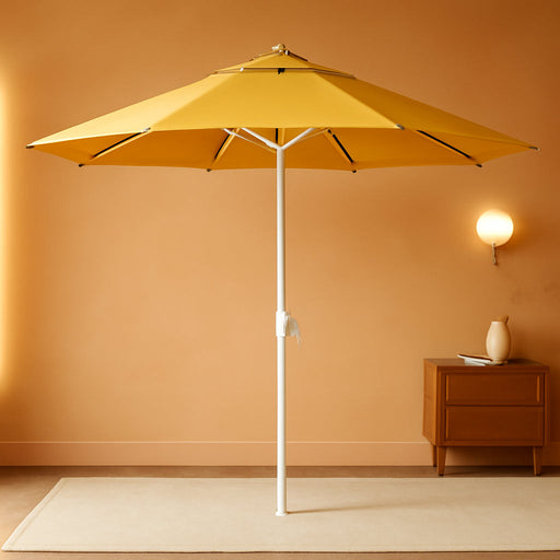 12-Year-Non-Fading, 9Ft Premium Sunbrella Patio Umbrella, Hand-Crank, Button-Tilt, White Frame, Sunflower Yellow Fabric