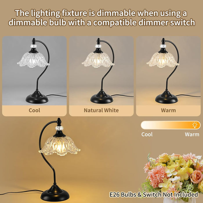 Table Lamp for Bedroom,Crystal Glass beside Lamp,Plug in Dimmable Black Lamp Flower Nightstand Lamp for Living Room, Office, Desk, Home Decor