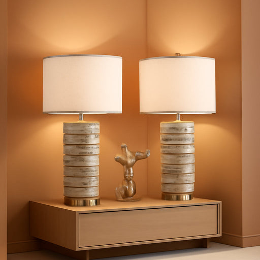 26" Set of 2 Travertine Resin Table Lamps for Bedroom, Brass Base