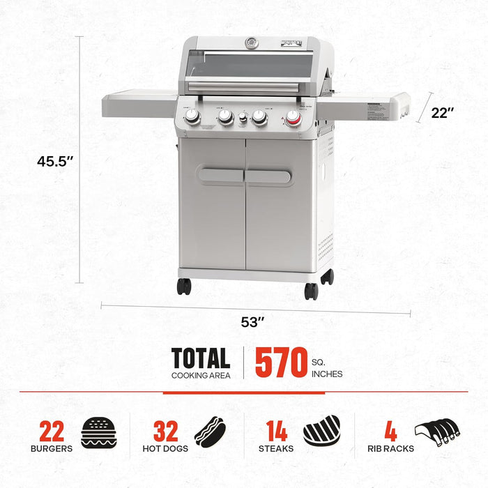 4 Burner Propane Gas Grill, Stainless Steel Outdoor Patio Barbecue Grill, with Broil Zone Fast Heating, Knob Control, and Easy Cleanup, M410MBZ