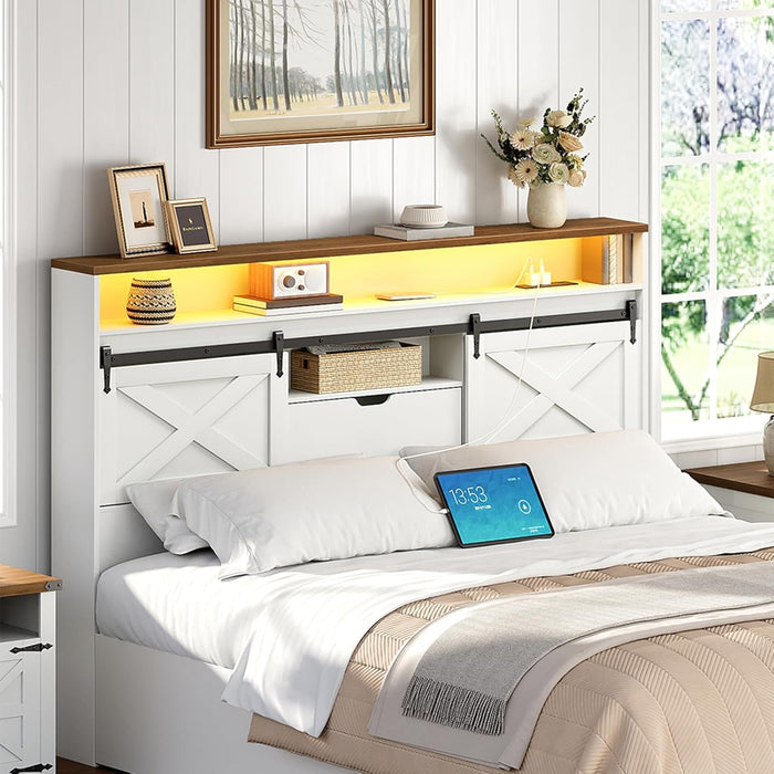 Headboard Queen Size with Storage, Farmhouse Queen Headboard Only with Charging Station and LED Lights, Bookcase Headboards with Flip-Down Drawer, Sliding Barn Doors, White and Walnut