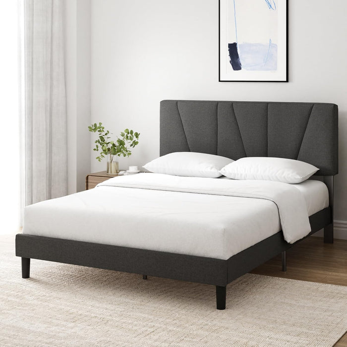 Queen Maya Upholstered Bed Frame with Asymmetric Headboard, Durable Wooden Slats, Sturdy Framework, Noise Free Sleep, No Box Spring Needed, Easy Assembly, Eco Friendly Packaging, Dark Grey