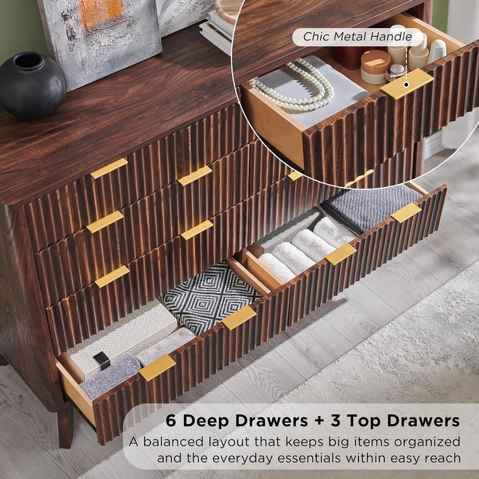54" Wide Fluted 9 Drawer Dresser for Bedroom, Dark Walnut