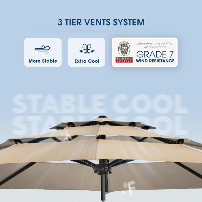 10Ft 3-Tier Patio Umbrella Outdoor Table Market Umbrella for Patio with Push Button Tilt/Crank, Fade Resistant Waterproof POLYESTER Canopy for Garden, Lawn, Deck, Backyard & Pool, Beige