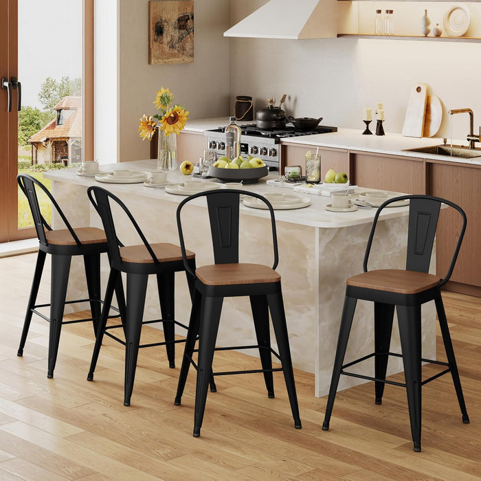 Metal Bar Stools Set of 4, 30" Bar Height with High Backs, Black | Matte Black Metal Frame Barstools, Modern Farmhouse High-Back Bar Chairs, Larger Seat for Kitchen and Dining Islands