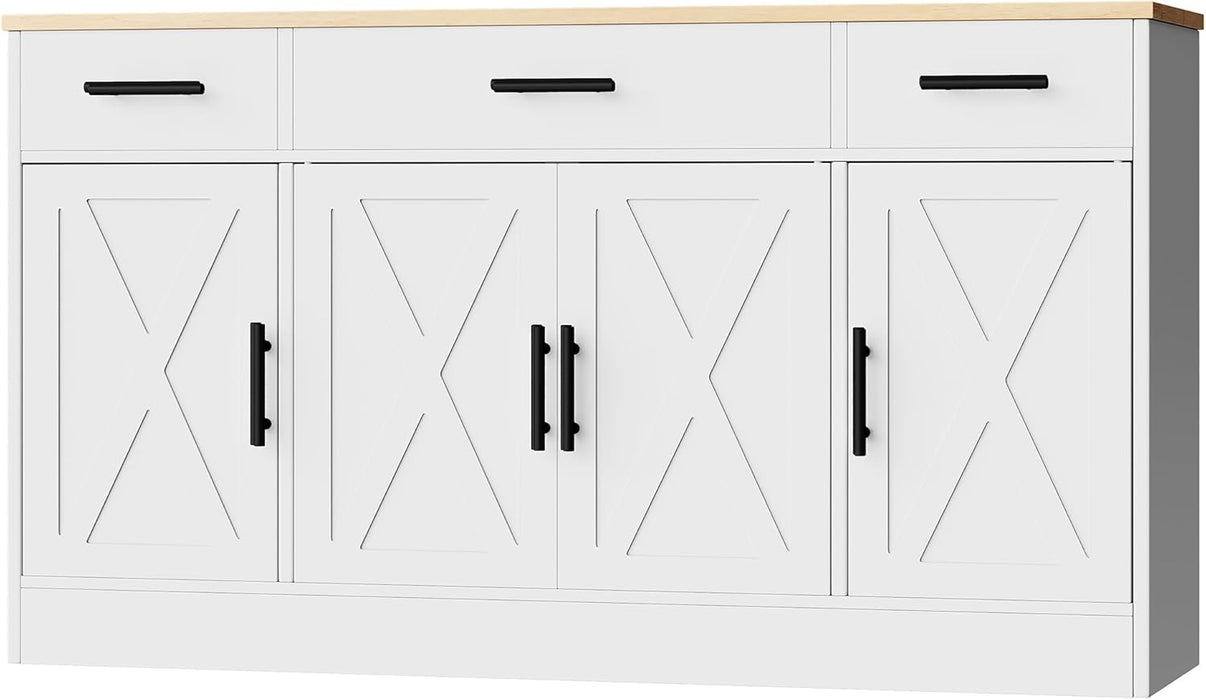 Buffet Cabinet with Storage,53.4" Large Kitchen Storage Cabinet with 3 Drawers and 4 Doors,Wood Farmhouse Buffet Sideboard with Adjustable Shelf for Kitchen Living Room, White