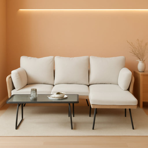 L-Shaped Outdoor Loveseat Sectional Set for Patio, Backyard, Porch with Thick Cushions, Detachable Lounger, Coffee Table