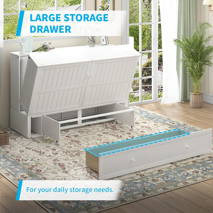 Murphy Bed Cabinet with Built-In 3 Charging Station and 2 Storage Drawers, Solid Wood Cabinet Bed Queen Size with Mattress, Murphy Cube Chest Bed for Guest Room (White-Murphy Bed A)