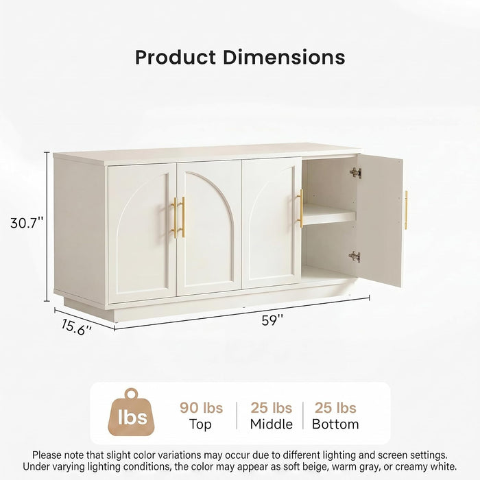 59" Arched Buffet Cabinet with Storage,Modern Wood Sideboard Credenza with Adjustable Shelves,4-Door Media Console Table for Living Room, Dining Room or Entryway, Cream Grey(Not White)