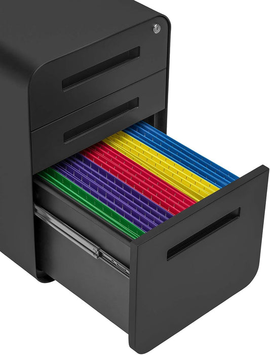 Stockpile 3 Drawer File Cabinet with Lock - under Office Desk Metal Filing Cabinet, Legal/Letter File Folders, Wheels and Stationary Feet, Pre-Assembled, Black