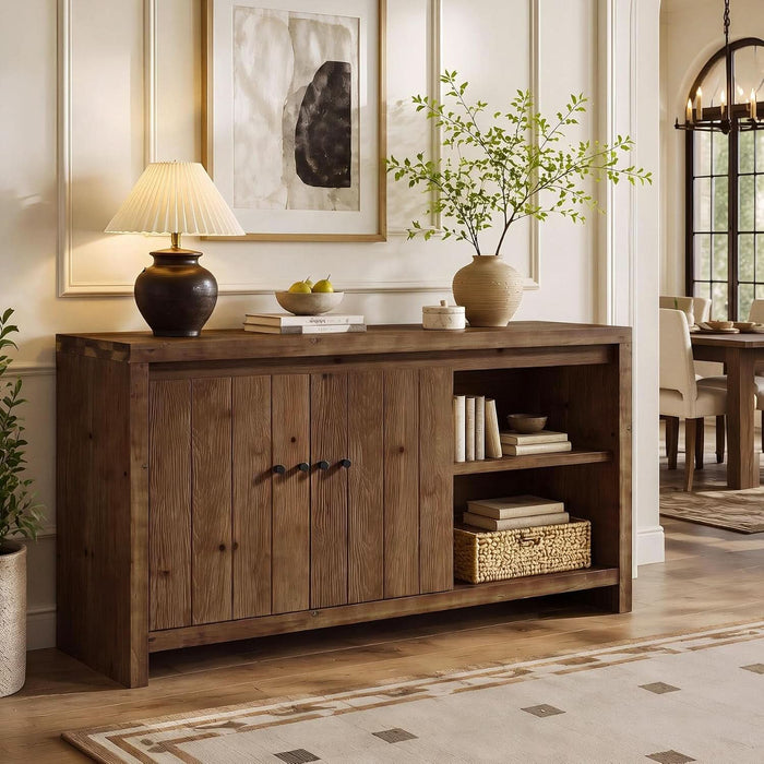 55.11-Inch Sideboard Buffet Cabinet, Farmhouse Solid Wood Storage Cabinet with 2 Doors & Adjustable Shelves, Kitchen Cupboard with Open Shelves for Living Room (Retro Brown)