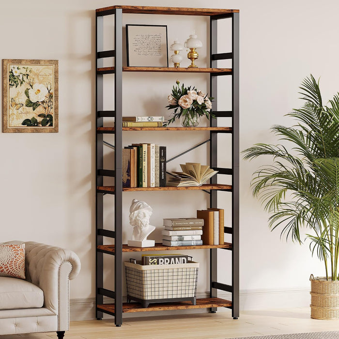 Bookshelf, 31.5" Wide 6-Tier Industrial Bookcase, Vintage Brown