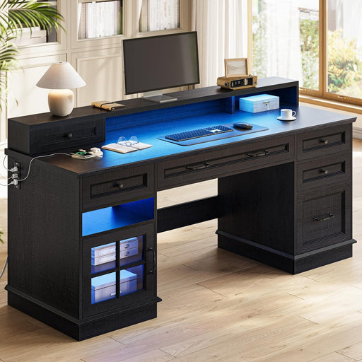Farmhouse Executive Desk with Drawers Computer Desk with File Drawers, Power Outlet and Led Lights, Executive Office Desk with Storage Cabinet and Monitor Shelf for Home Office, Black