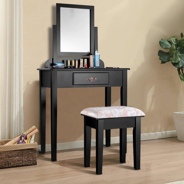 Vanity Dressing Table Stool Set, for Bedroom Vanities Furniture with Large 360° Rotating Makeup Mirror Solid Wood Legs Padded Linen Fabric Bench, Vanity Tables with Drawers, Black（1 Drawer）